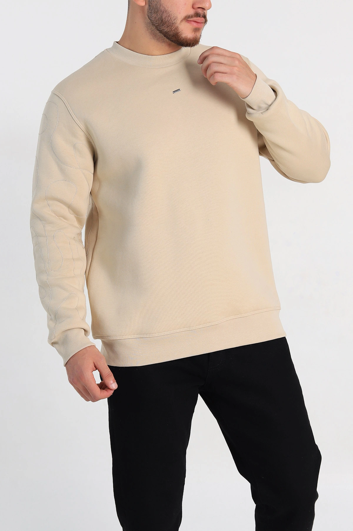 Krem Relaxed Fit Üç İp Şardonlu Kol Detaylı Erkek Sweatshirt 309953