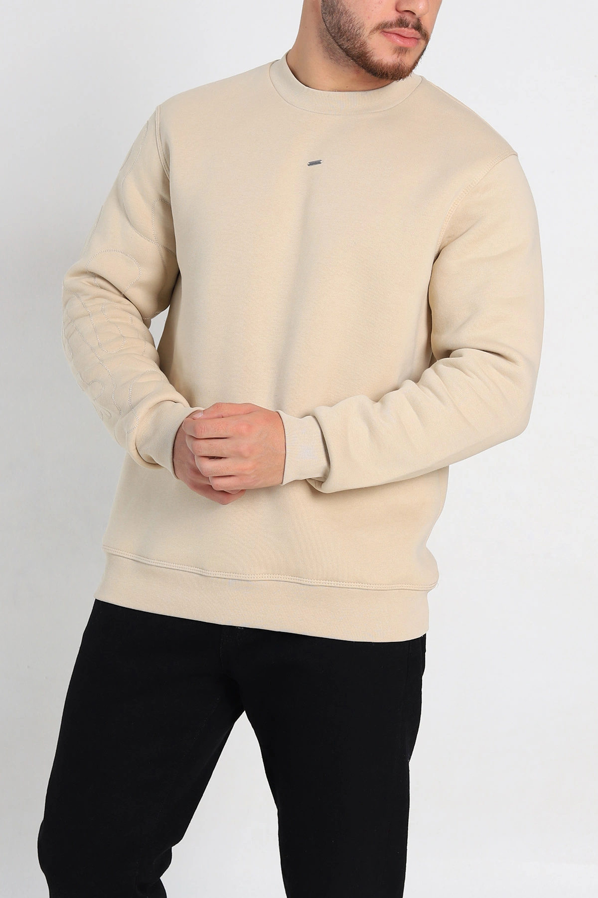 Krem Relaxed Fit Üç İp Şardonlu Kol Detaylı Erkek Sweatshirt 309953