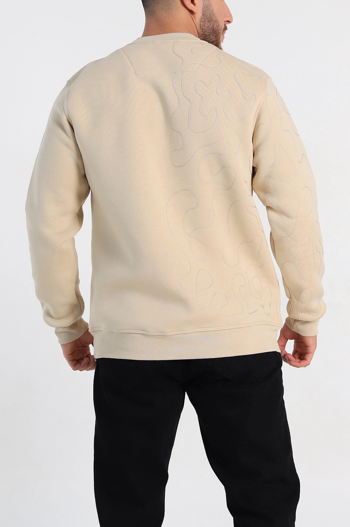 Krem Relaxed Fit Üç İp Şardonlu Kol Detaylı Erkek Sweatshirt 309953