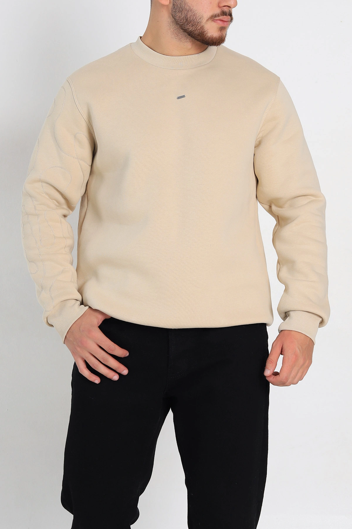 Krem Relaxed Fit Üç İp Şardonlu Kol Detaylı Erkek Sweatshirt 309953