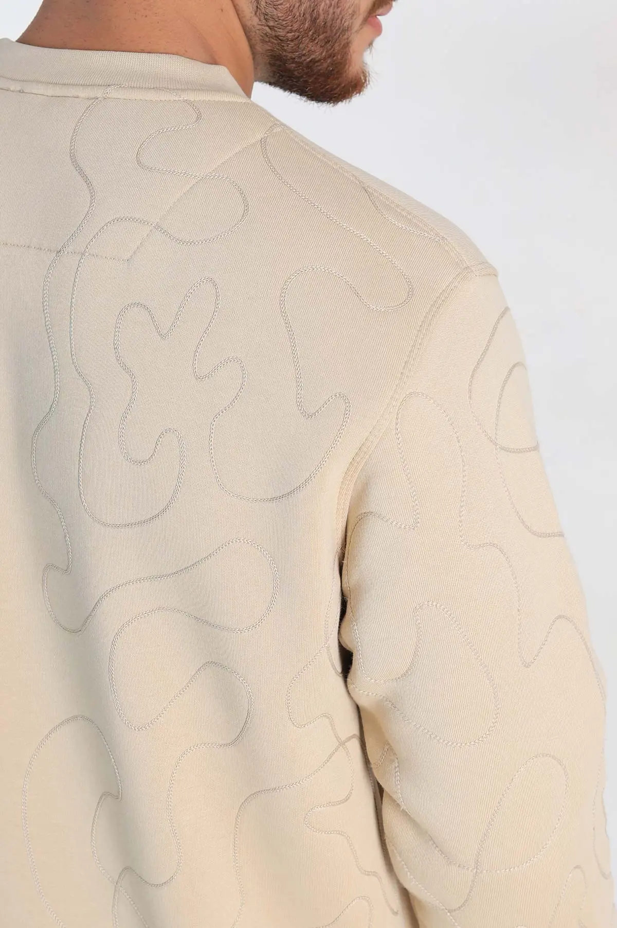 Krem Relaxed Fit Üç İp Şardonlu Kol Detaylı Erkek Sweatshirt 309953