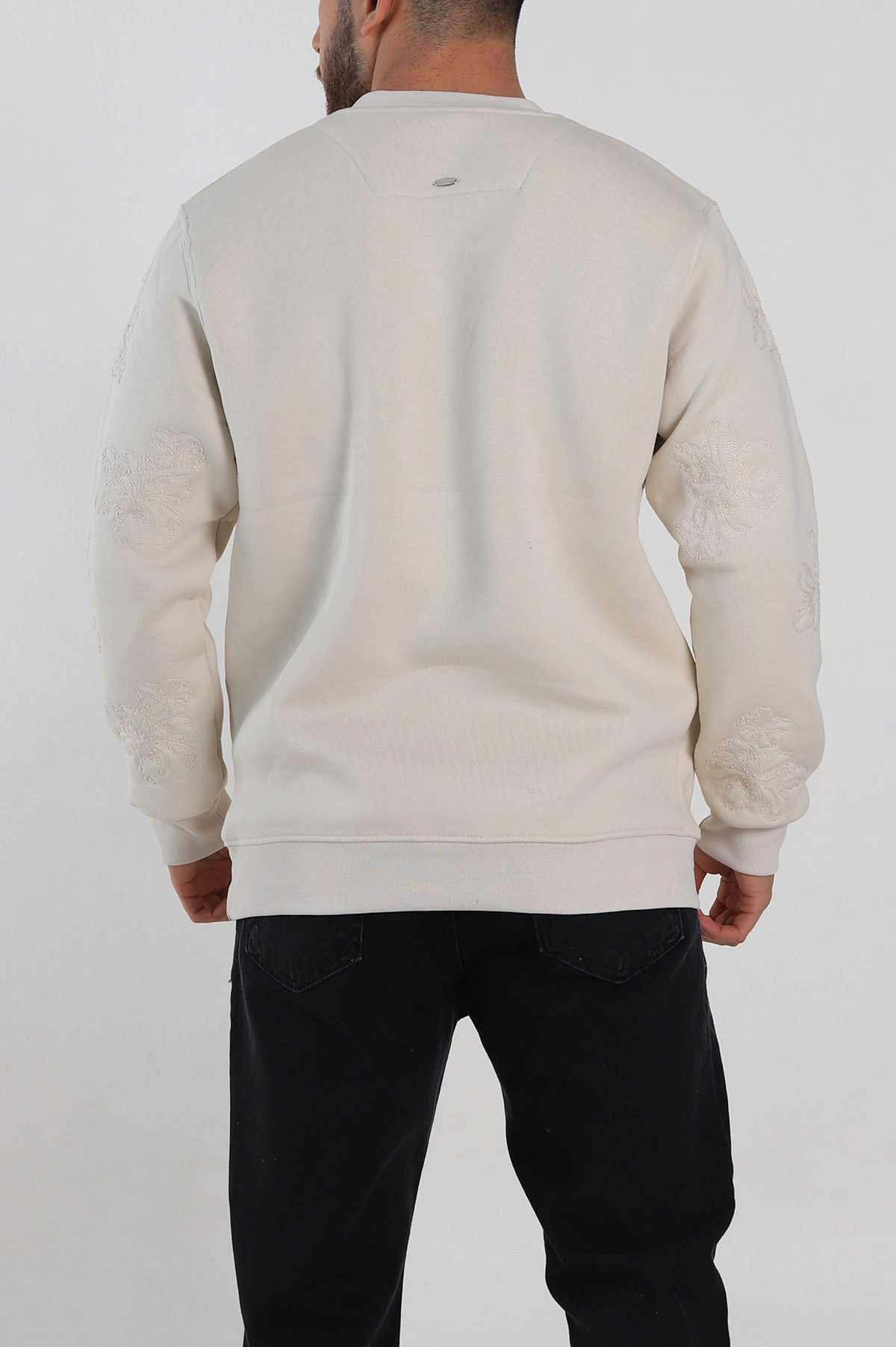 Krem Relaxed Fit Üç İp Şardonlu Nakış Detaylı Erkek Sweatshirt 311182
