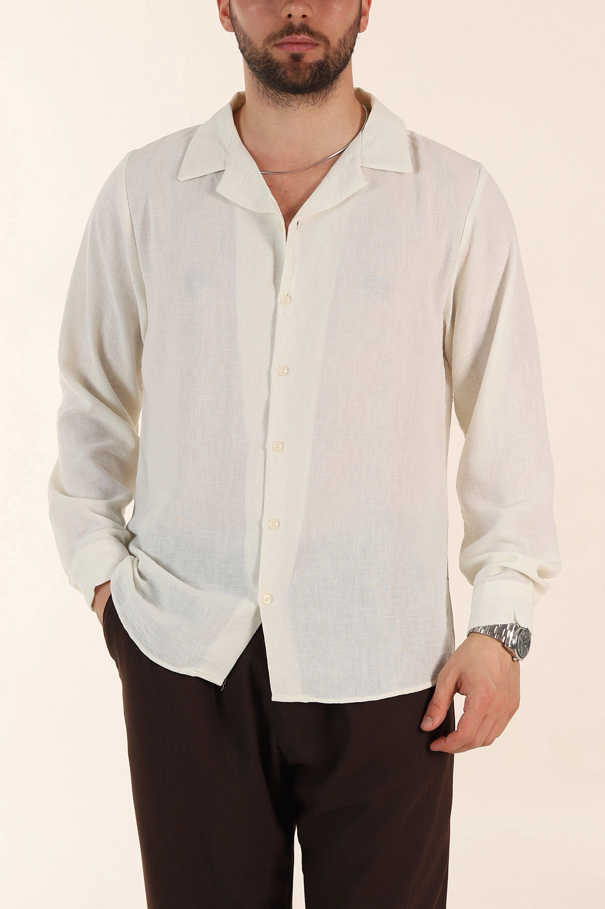 Krem Relaxed Fit Uzun Kollu Apaş Yaka Erkek Gömlek 367433