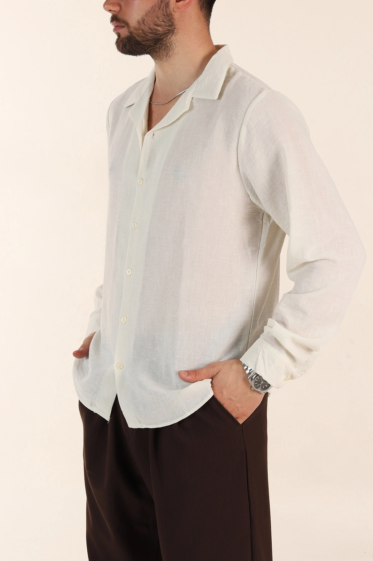 Krem Relaxed Fit Uzun Kollu Apaş Yaka Erkek Gömlek 367433