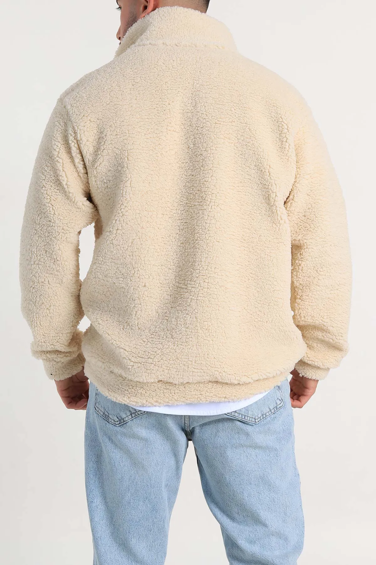 Krem Relaxed Fit Yarım Fermuarlı Cep Detaylı Peluş Kanguru Sweatshirt 308906
