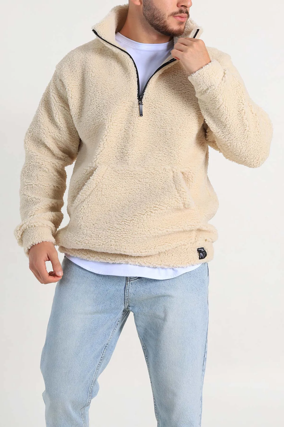 Krem Relaxed Fit Yarım Fermuarlı Cep Detaylı Peluş Kanguru Sweatshirt 308906