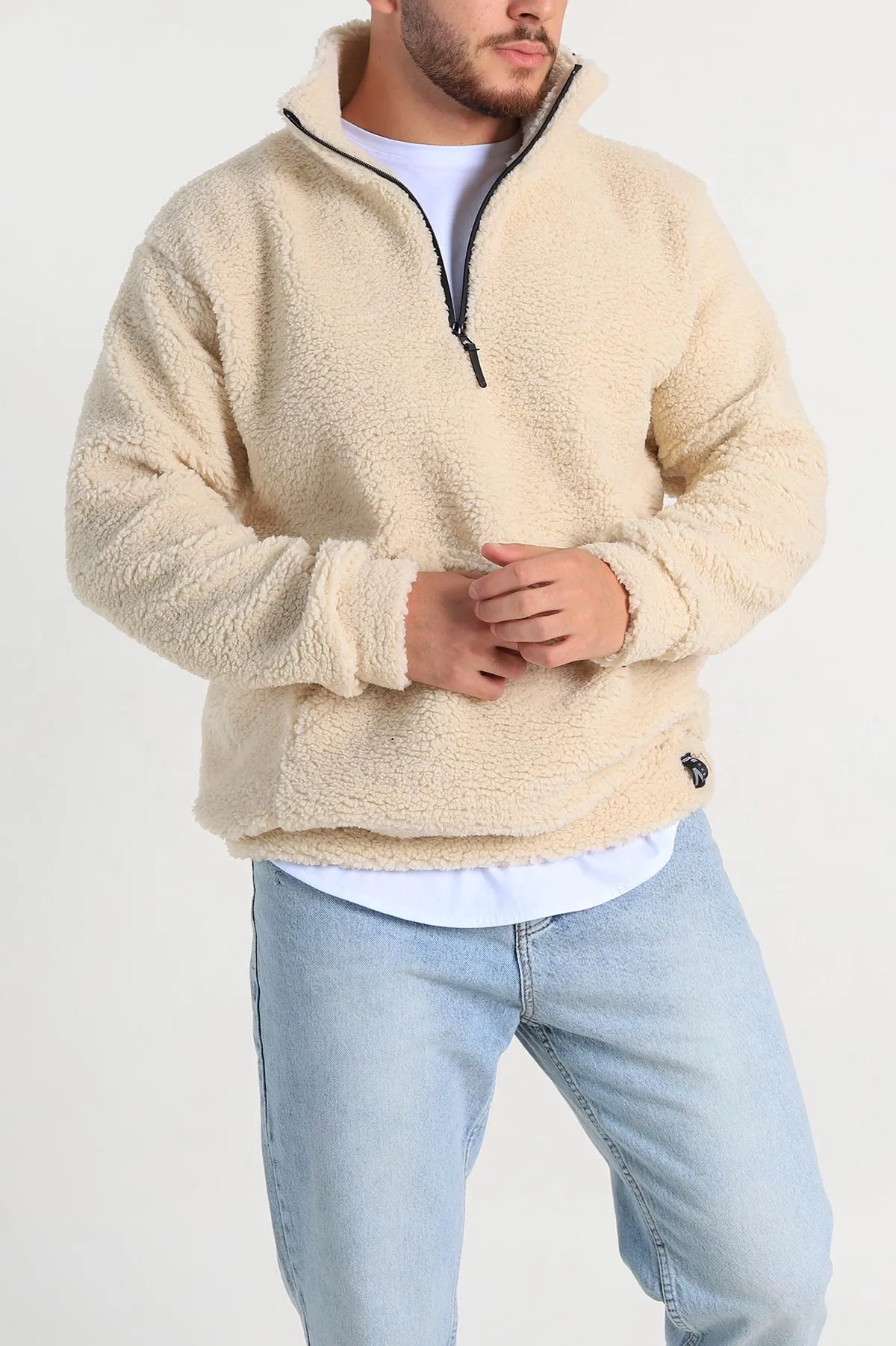 Krem Relaxed Fit Yarım Fermuarlı Cep Detaylı Peluş Kanguru Sweatshirt 308906