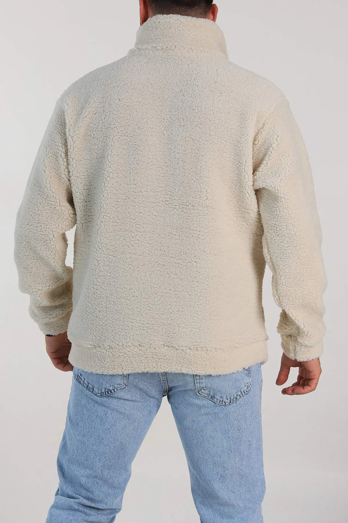 Krem Relaxed Fit Yazı Detaylı Yarım Fermuarlı Peluş Kanguru Sweatshirt 314246