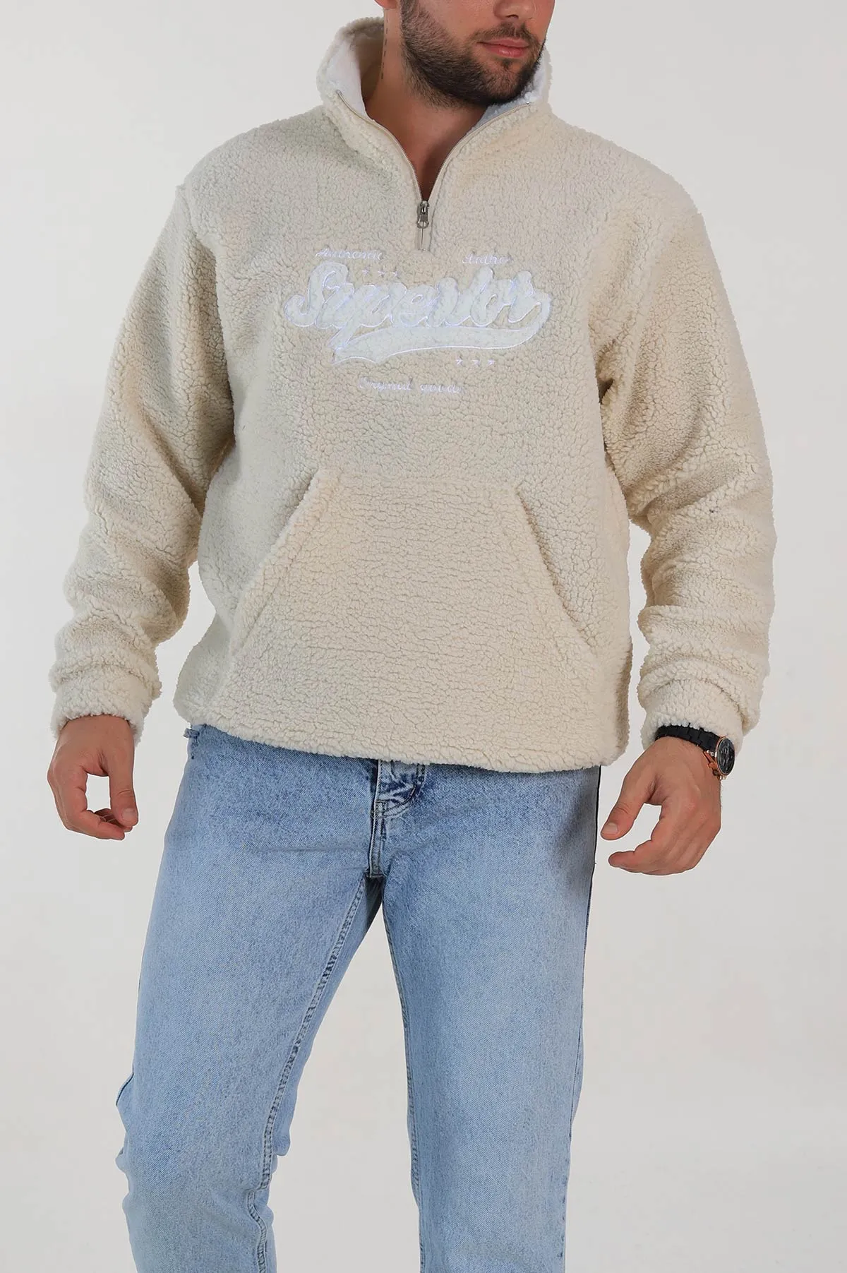 Krem Relaxed Fit Yazı Detaylı Yarım Fermuarlı Peluş Kanguru Sweatshirt 314246