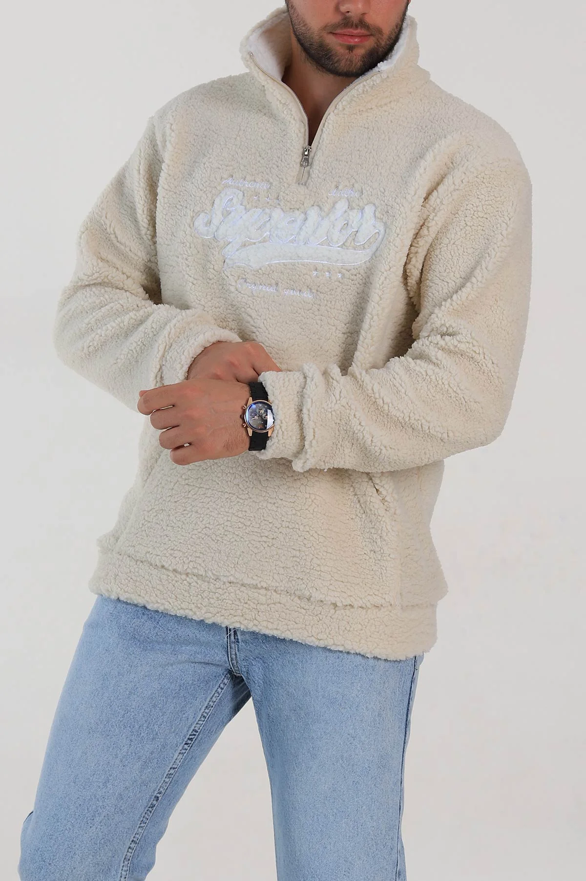 Krem Relaxed Fit Yazı Detaylı Yarım Fermuarlı Peluş Kanguru Sweatshirt 314246