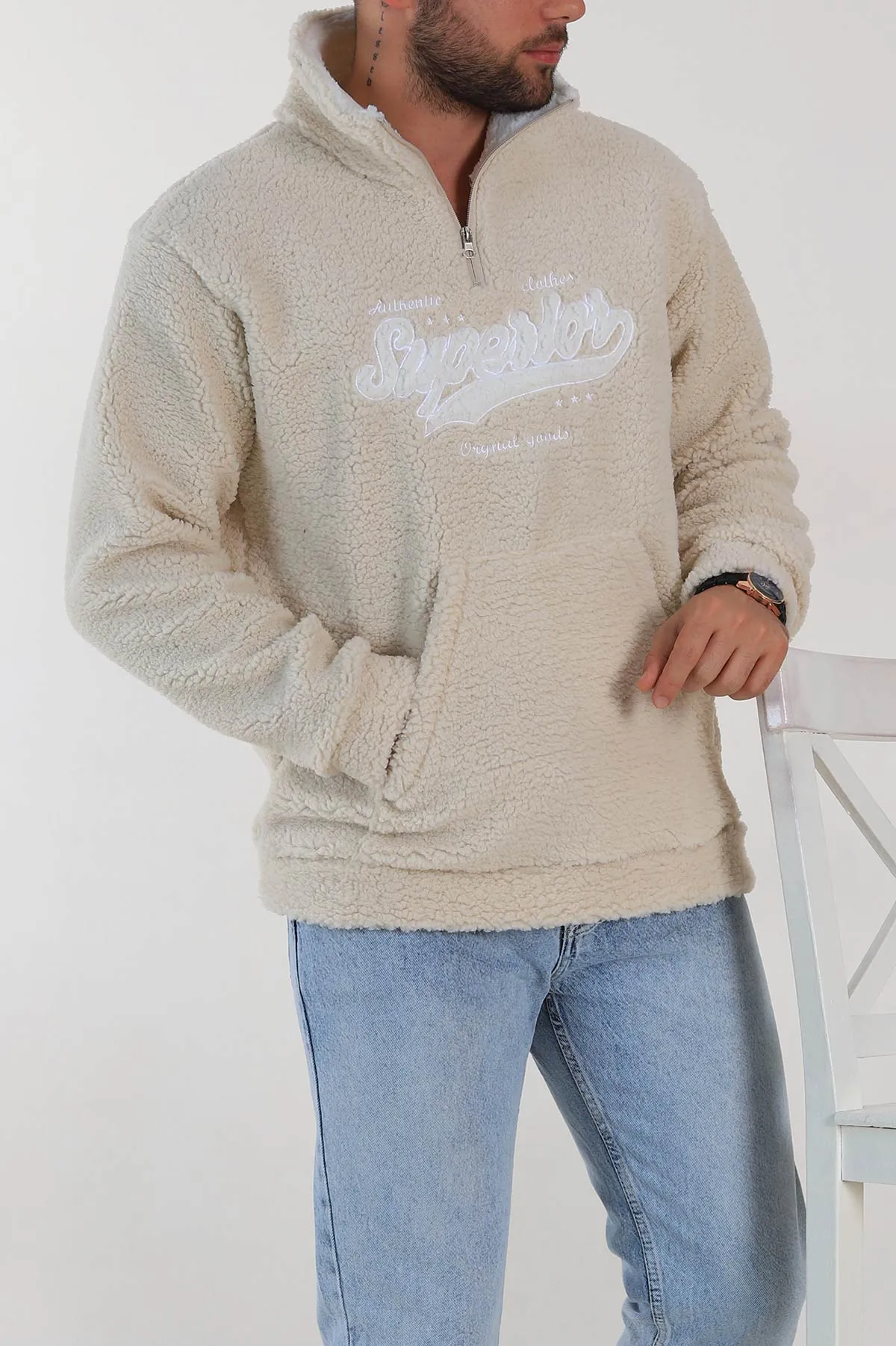 Krem Relaxed Fit Yazı Detaylı Yarım Fermuarlı Peluş Kanguru Sweatshirt 314246