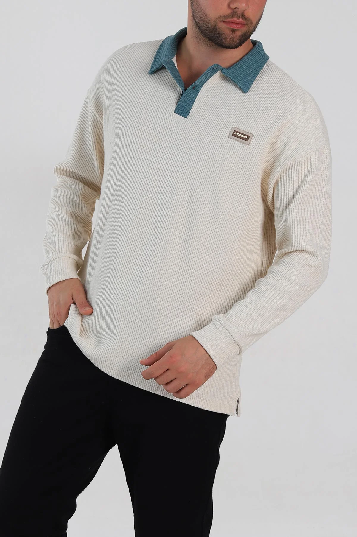 Krem Releaxed Fit Petek Dokulu Polo Yaka Erkek Sweatshirt 315814