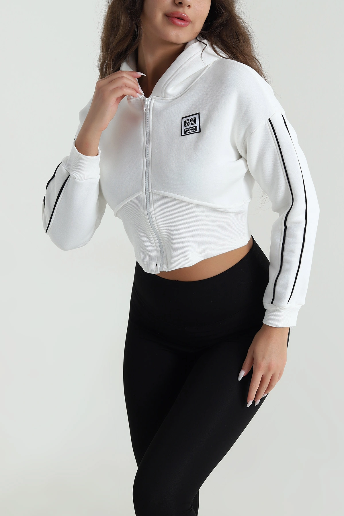 Krem Şardonlu Crop Kadın Sweat 489185