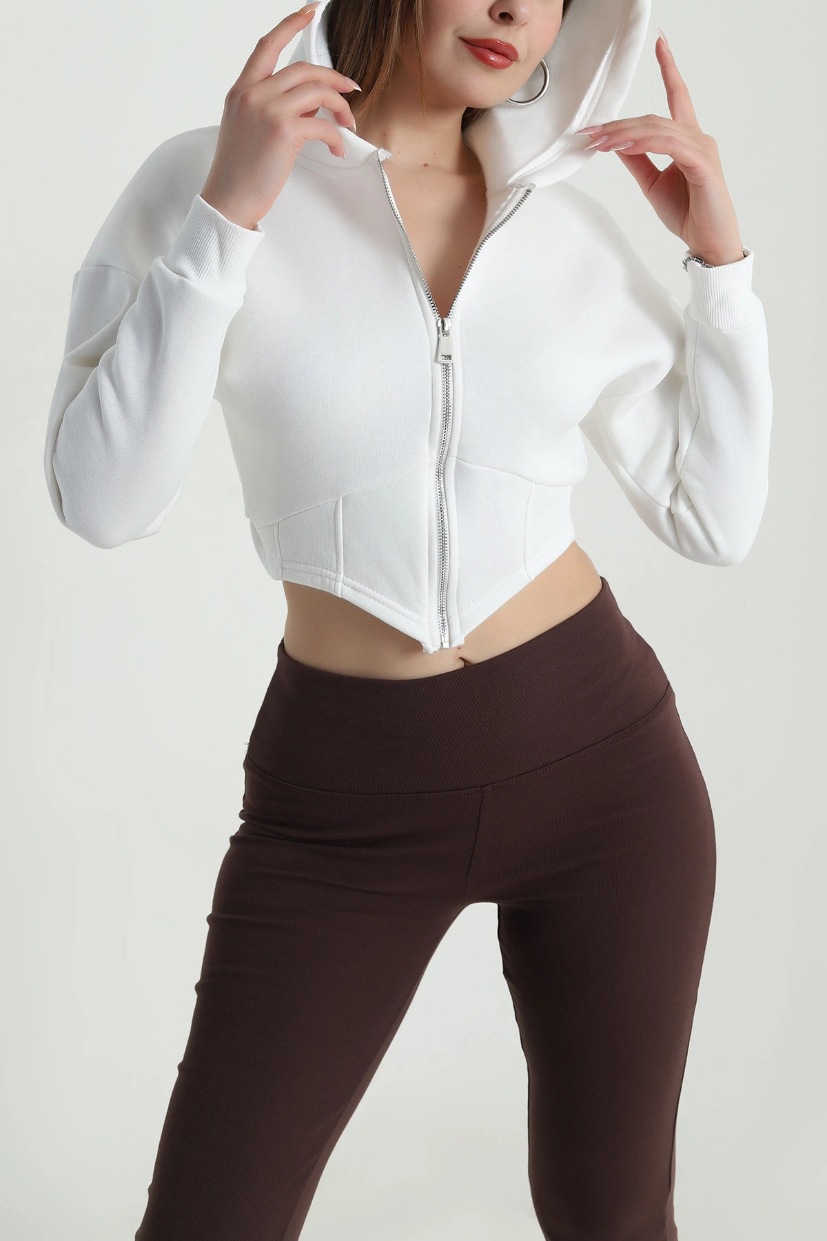 Krem Şardonlu Korse Dikişli Kadın Sweat 489464