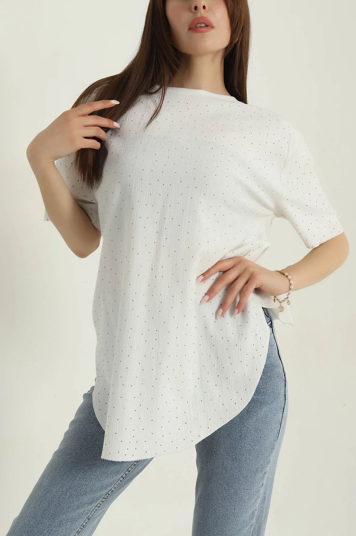 Krem Serpme Taşlı Kadın Bluz 377663