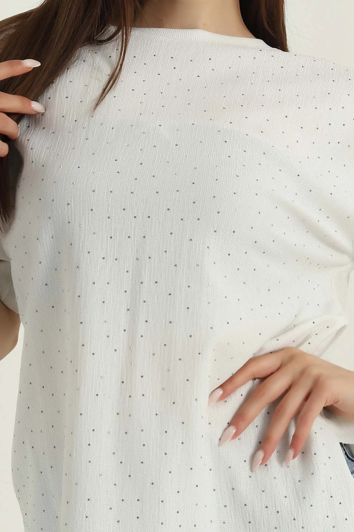 Krem Serpme Taşlı Kadın Bluz 377663