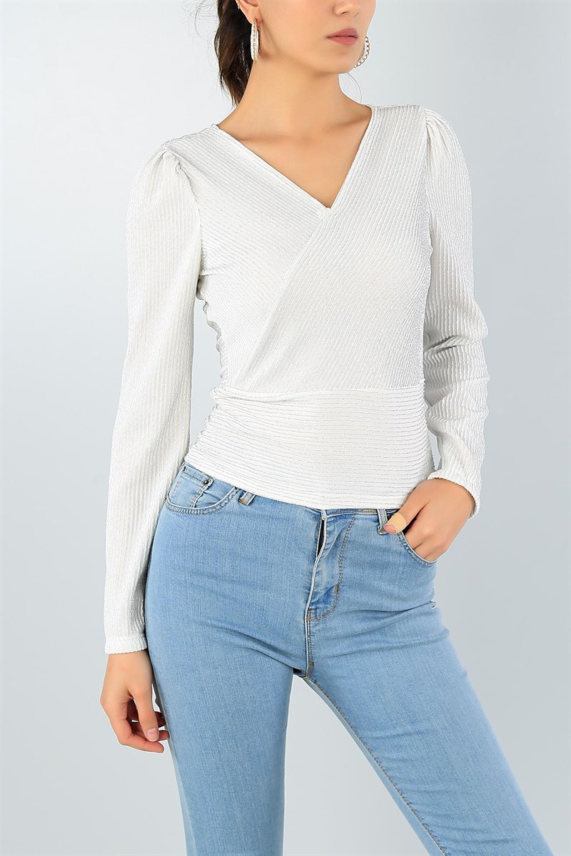 Krem Sim Tasarımlı Likralı Bluz 45452