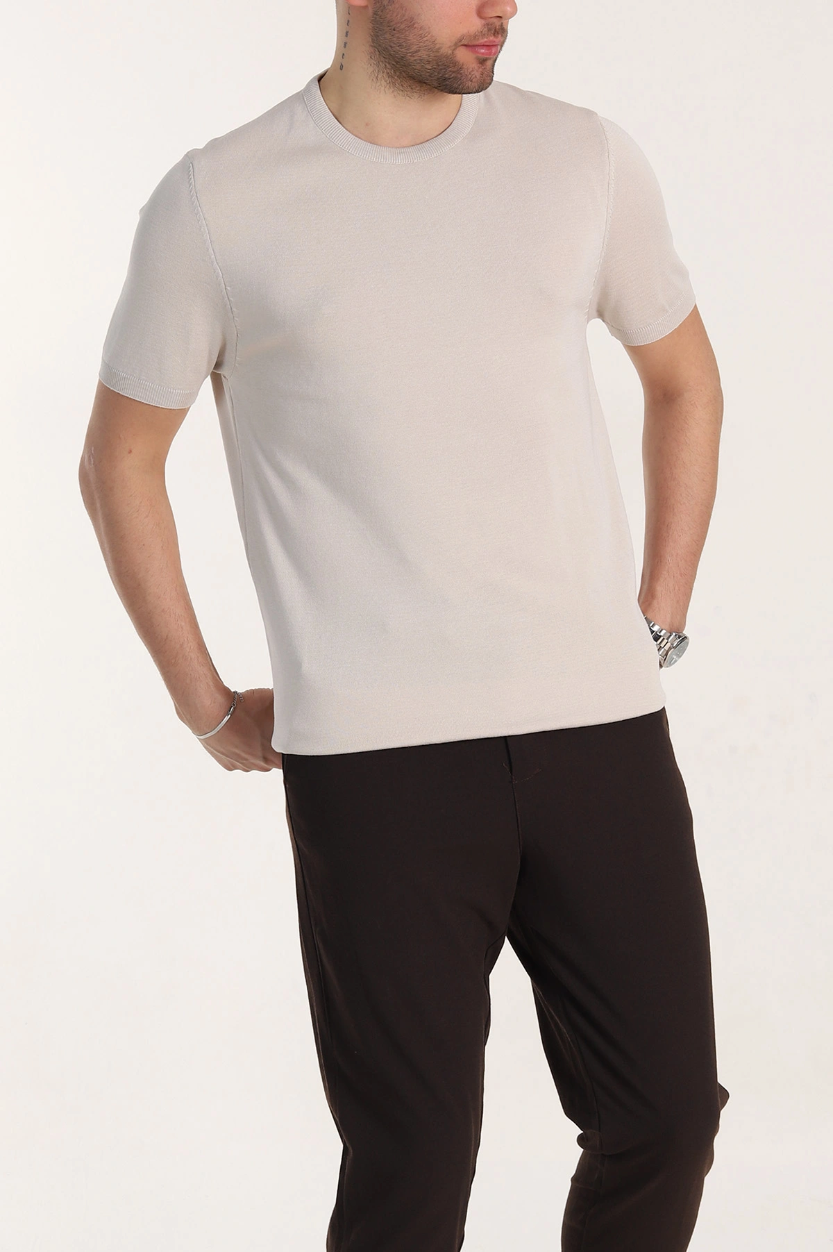 Krem Slim Fit Basic Kısa Kollu Triko Tişört 338594