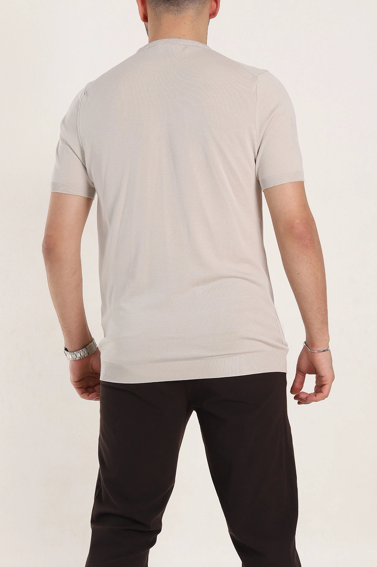 Krem Slim Fit Basic Kısa Kollu Triko Tişört 338594