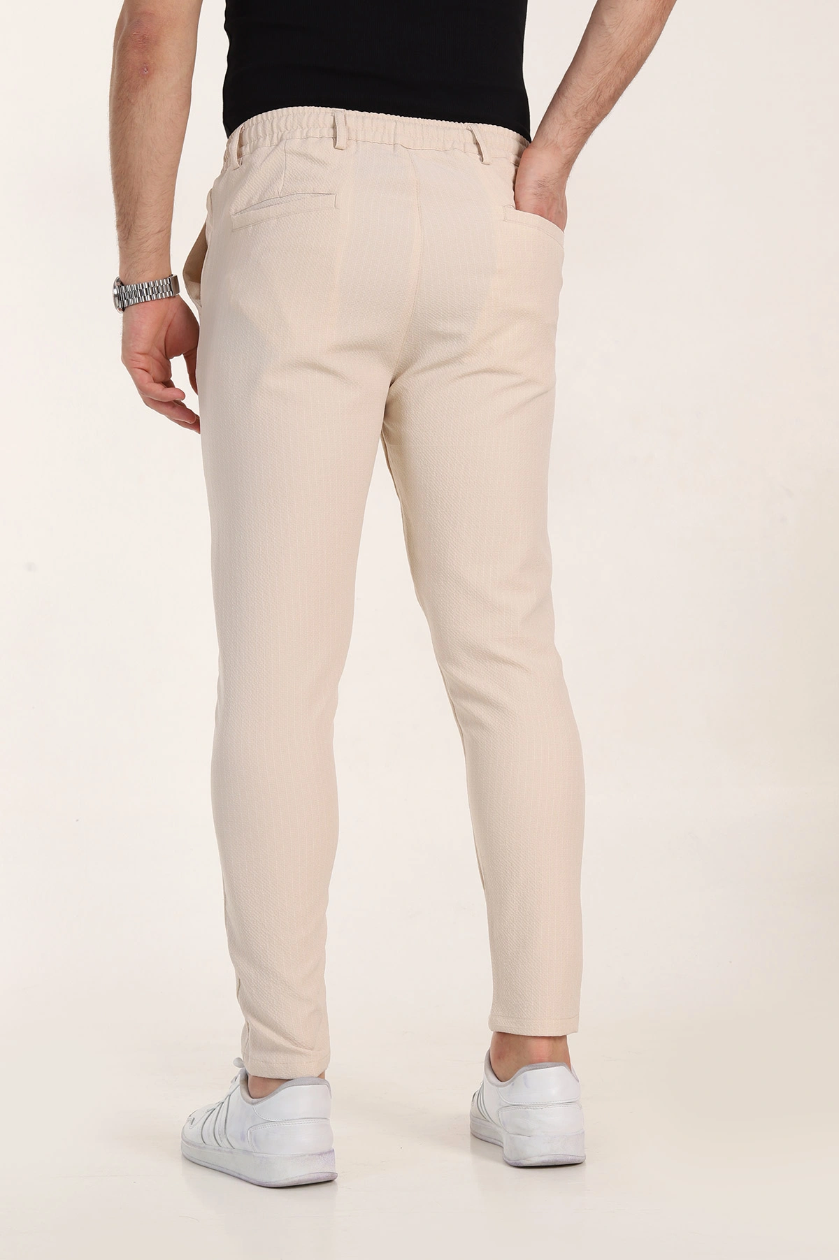 Krem Slim Fit Çizgili Gofre Kumaş Erkek Pantolon 355004