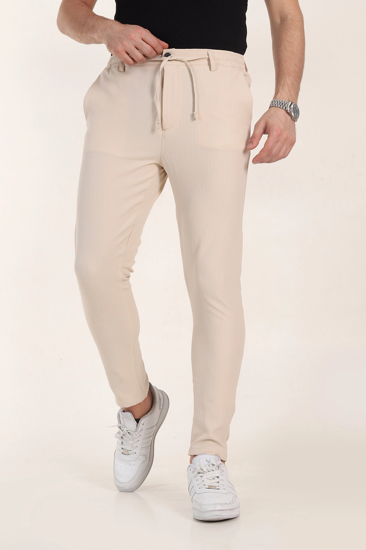 Krem Slim Fit Çizgili Gofre Kumaş Erkek Pantolon 355004