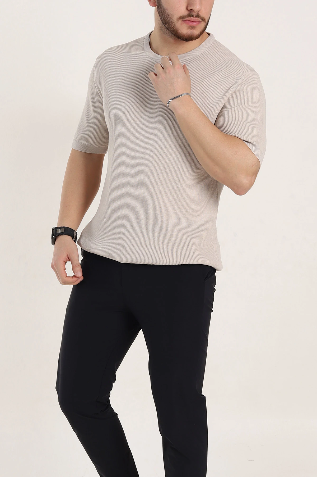 Krem Slim Fit Dokulu Basic Kısa Kollu Erkek Triko Tişört 338600