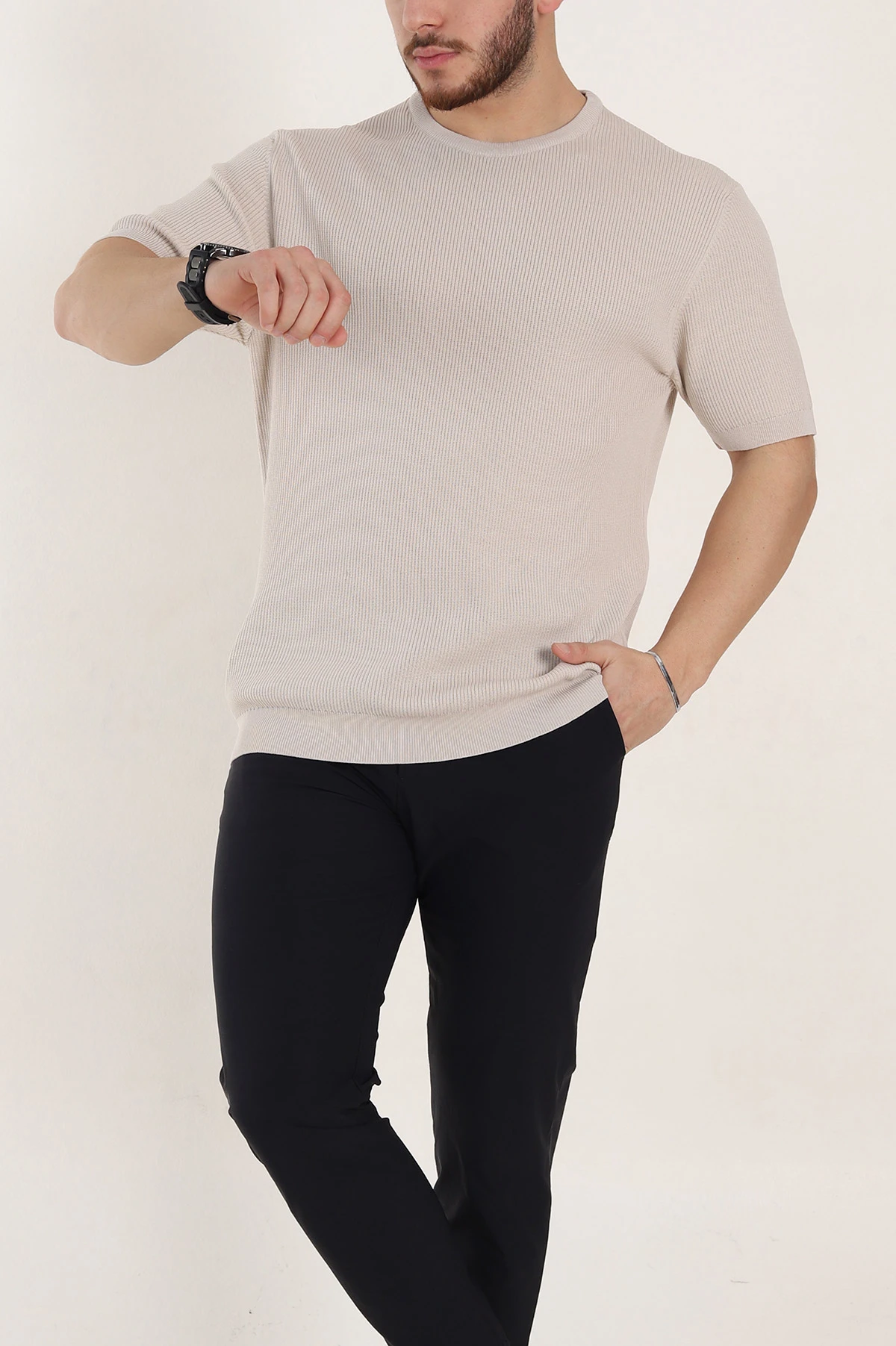 Krem Slim Fit Dokulu Basic Kısa Kollu Erkek Triko Tişört 338600
