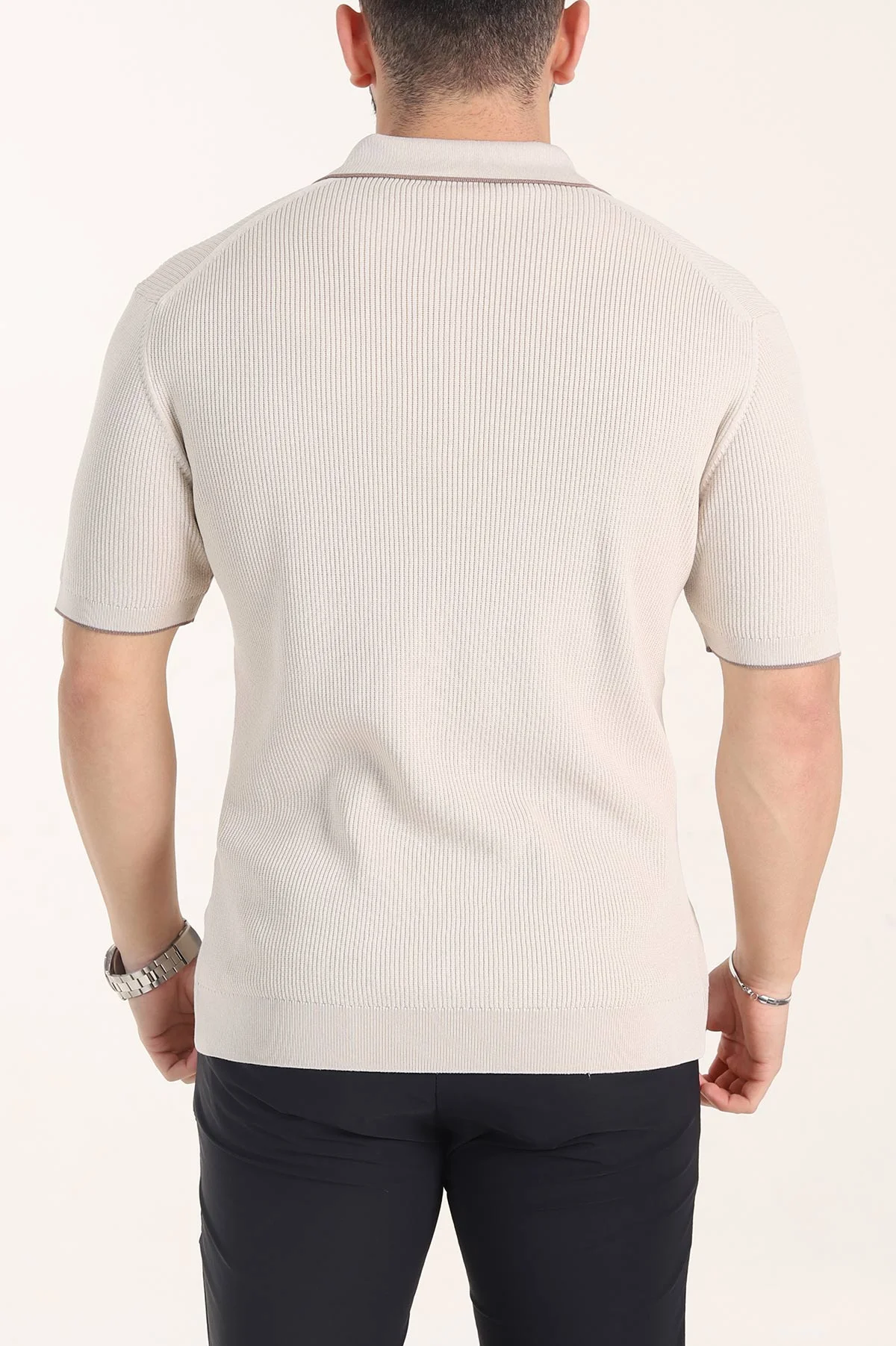 Krem Slim Fit Dokulu Fermuarlı Polo Yaka Kısa Kollu Erkek Triko Tişört 338617