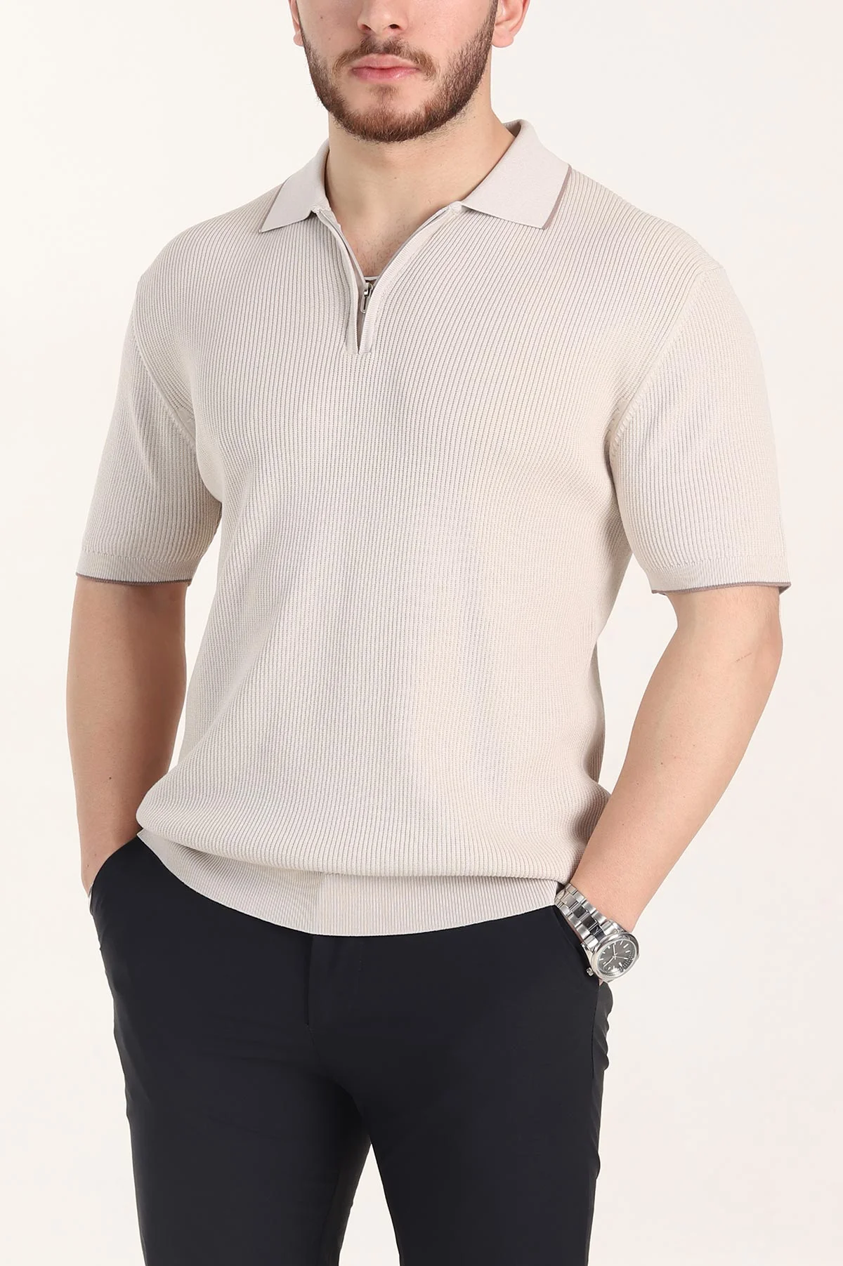 Krem Slim Fit Dokulu Fermuarlı Polo Yaka Kısa Kollu Erkek Triko Tişört 338617
