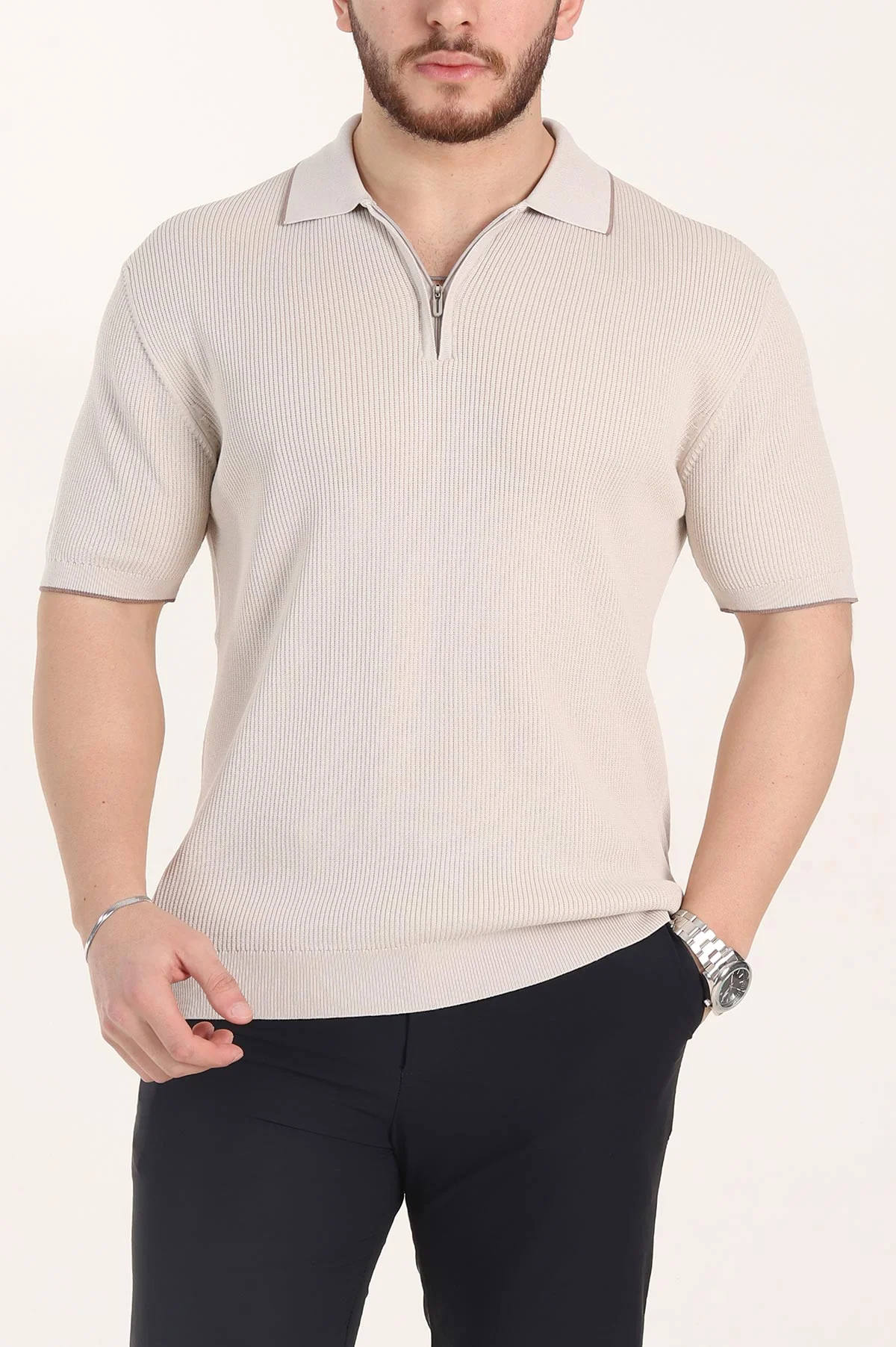 Krem Slim Fit Dokulu Fermuarlı Polo Yaka Kısa Kollu Erkek Triko Tişört 338617