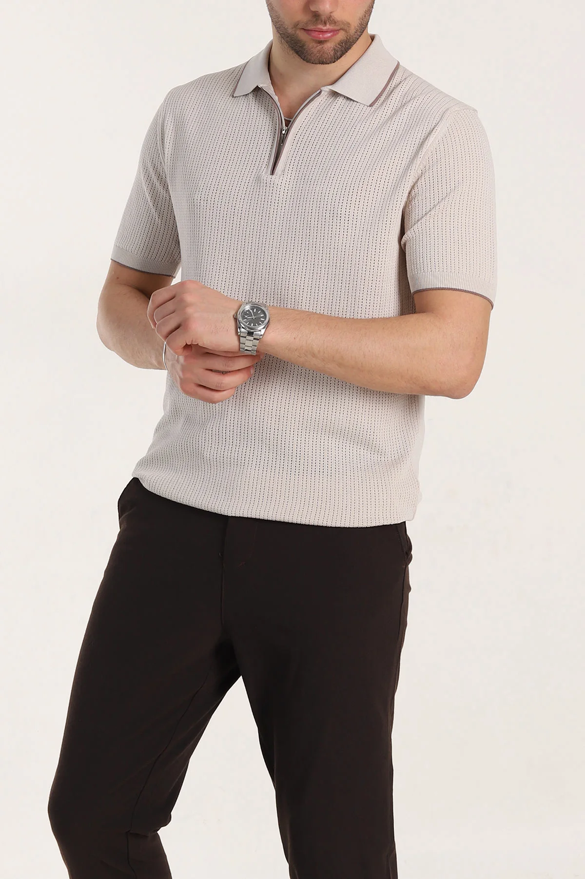 Krem Slim Fit Fermuarlı Polo Yaka Kısa Kollu Erkek Triko Tişört 338563