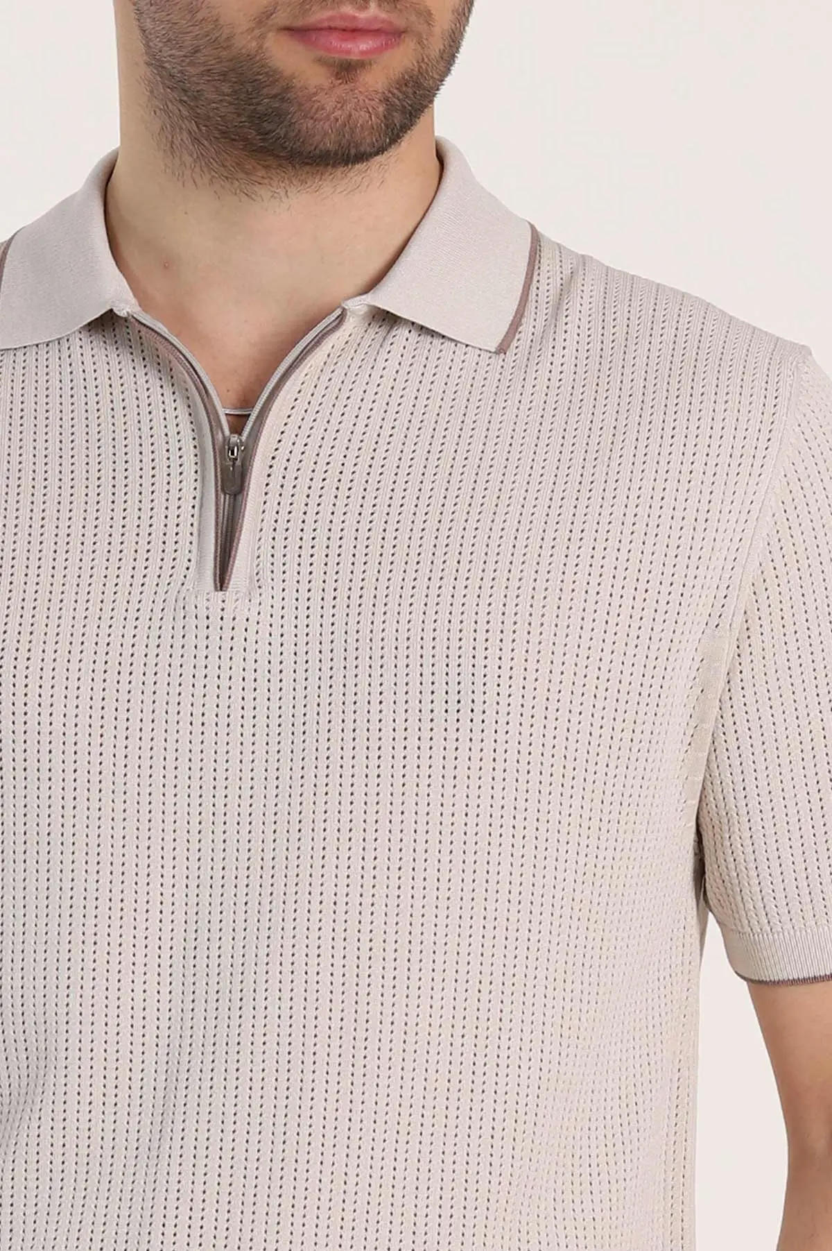 Krem Slim Fit Fermuarlı Polo Yaka Kısa Kollu Erkek Triko Tişört 338563