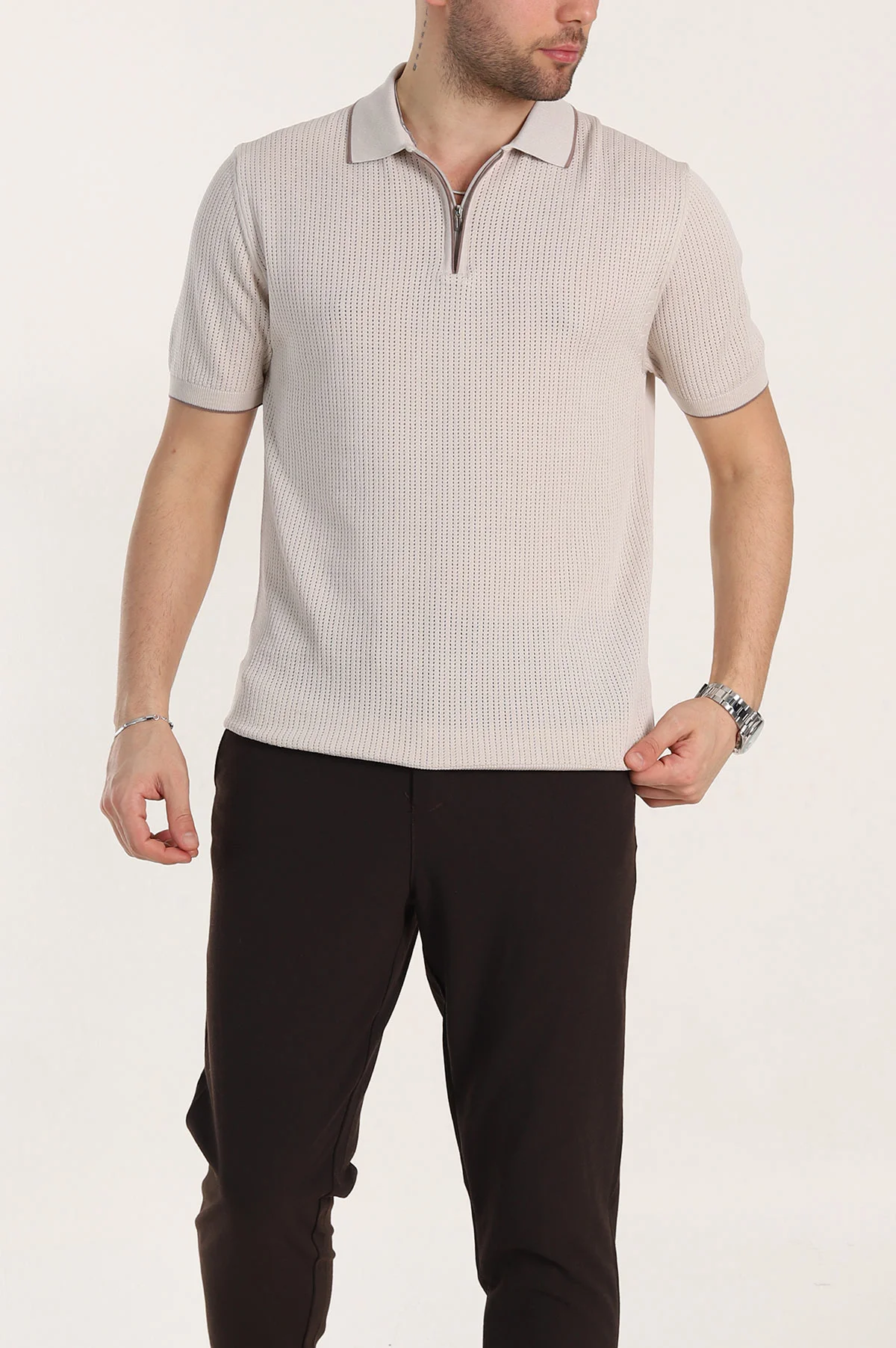 Krem Slim Fit Fermuarlı Polo Yaka Kısa Kollu Erkek Triko Tişört 338563
