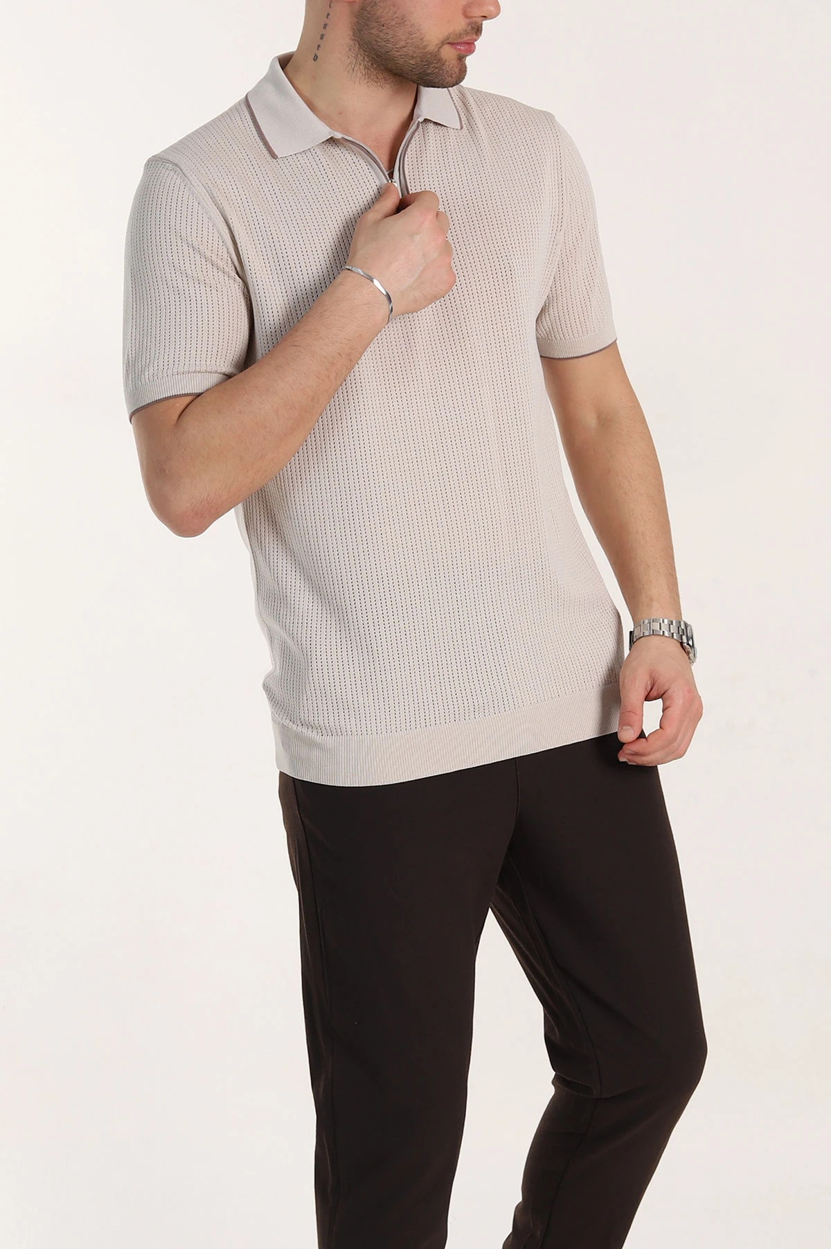 Krem Slim Fit Fermuarlı Polo Yaka Kısa Kollu Erkek Triko Tişört 338563