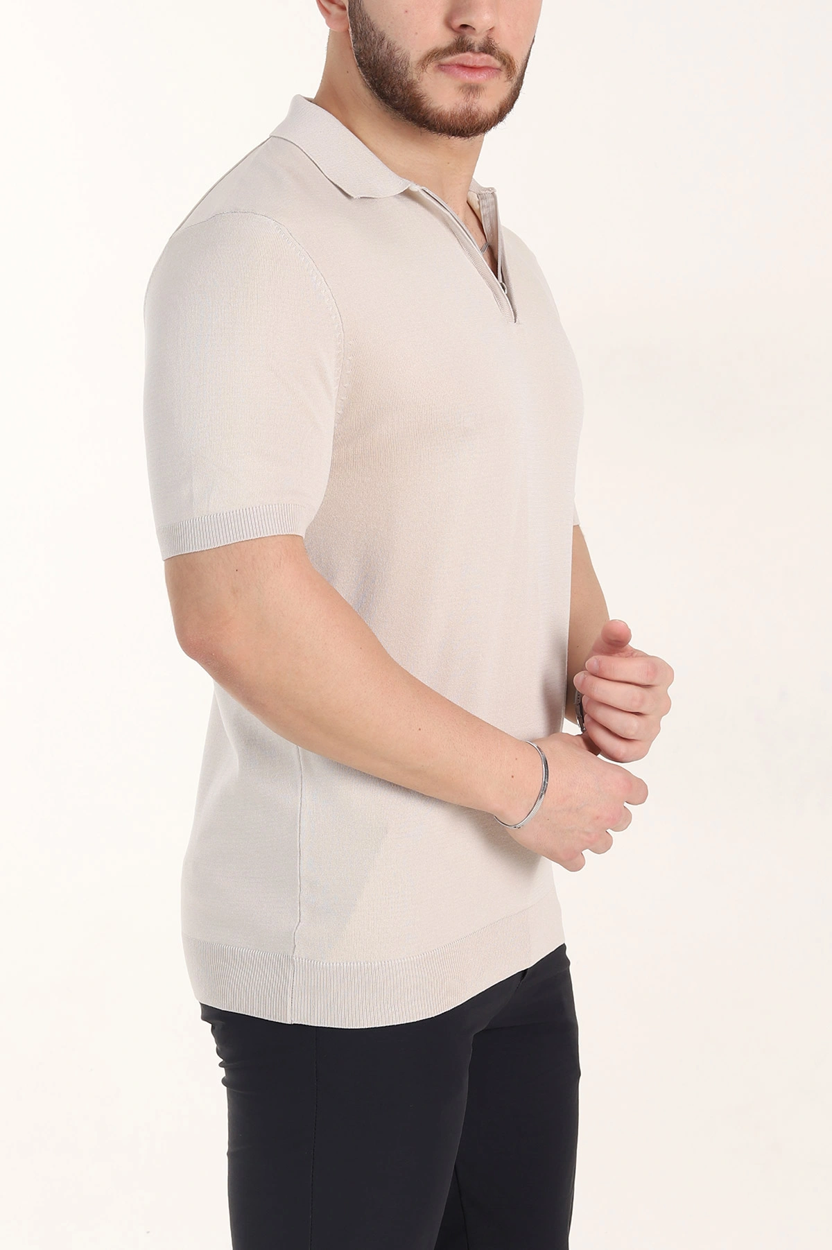 Krem Slim Fit Fermuarlı Polo Yaka Kısa Kollu Erkek Triko Tişört 338606