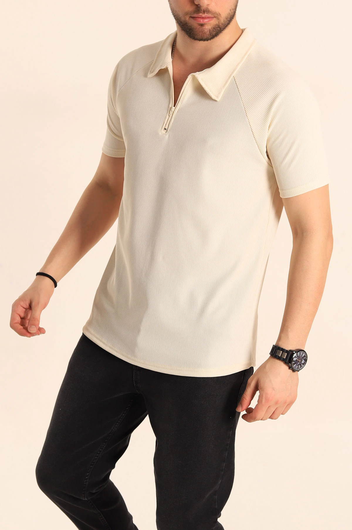 Krem Slim Fit Jakarlı Fermuarlı Polo Yaka Erkek Tişört 256030