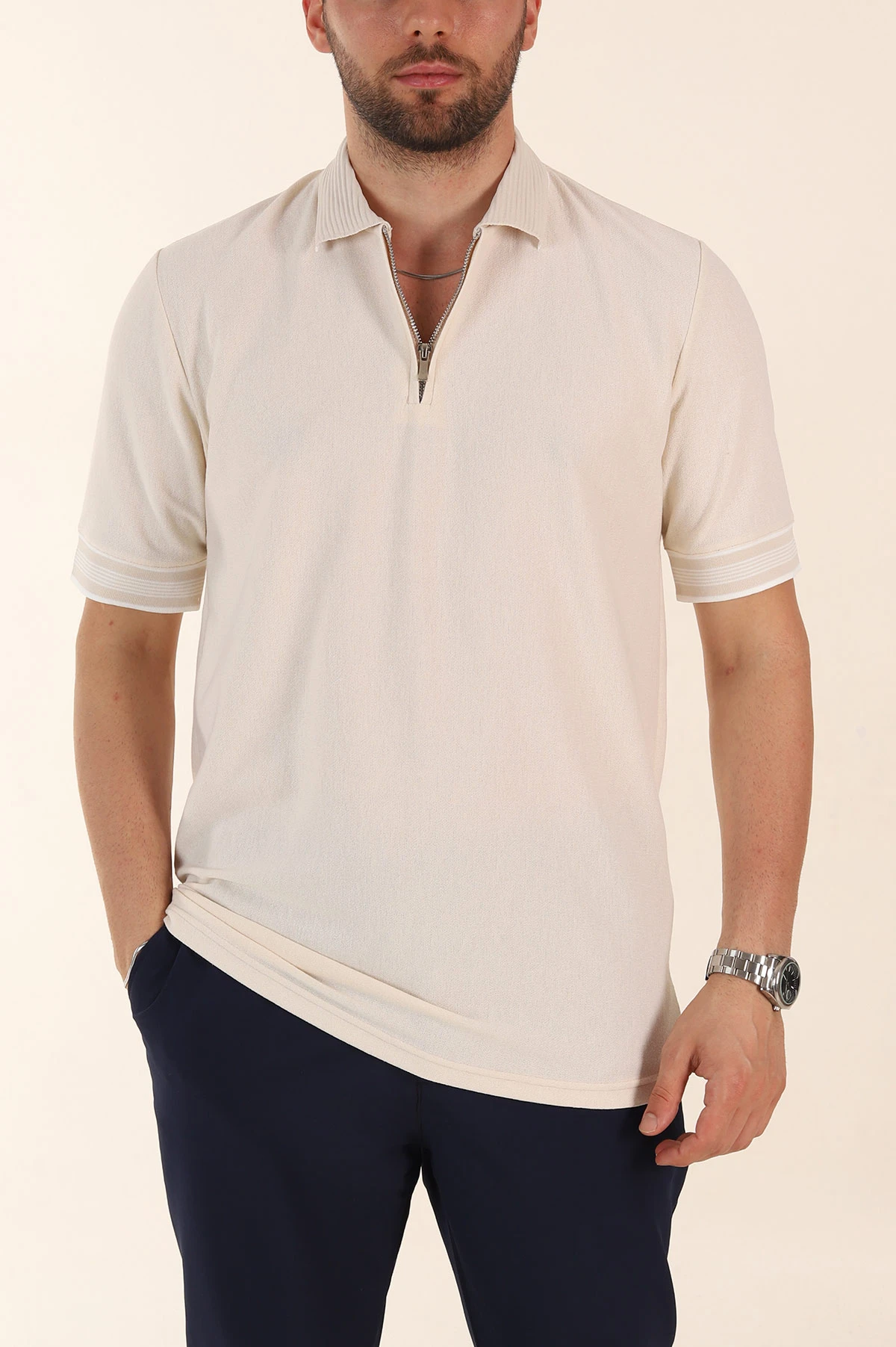 Krem Slim Fit Kol Detaylı Fermuarlı Polo Yaka Erkek Triko Tişört 369511
