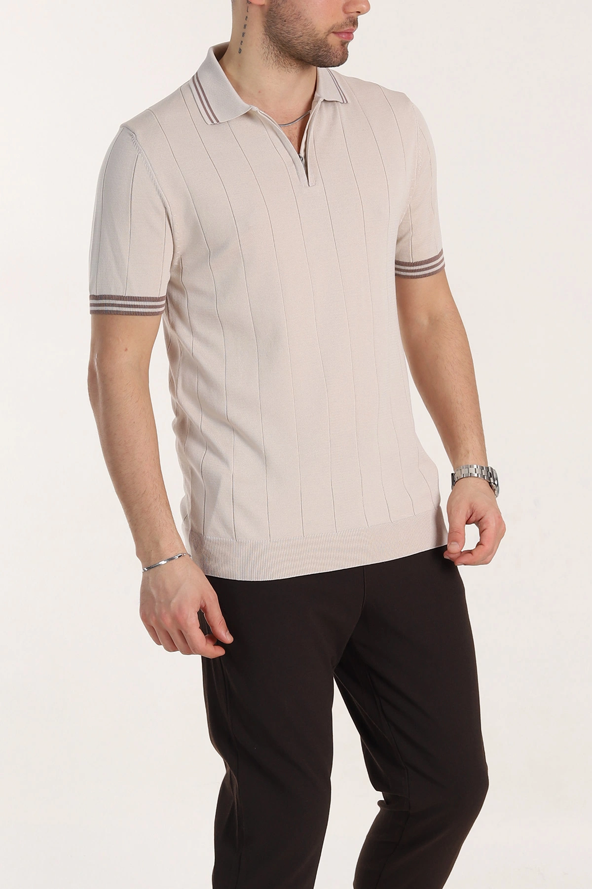 Krem Slim Fit Likralı Fermuarlı Polo Yaka Kısa Kollu Triko Tişört 338553