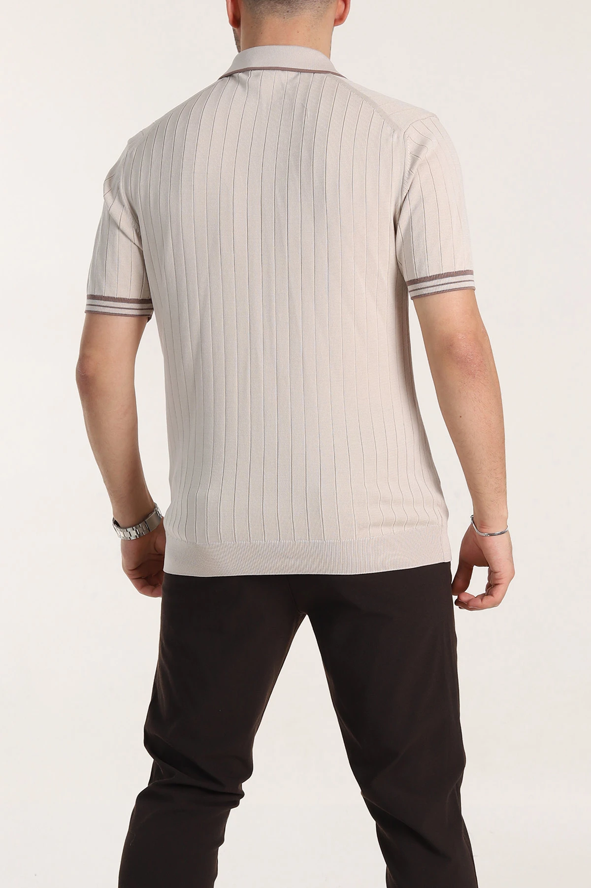 Krem Slim Fit Patlı Polo Yaka Kısa Kollu Erkek Triko Tişört 338581