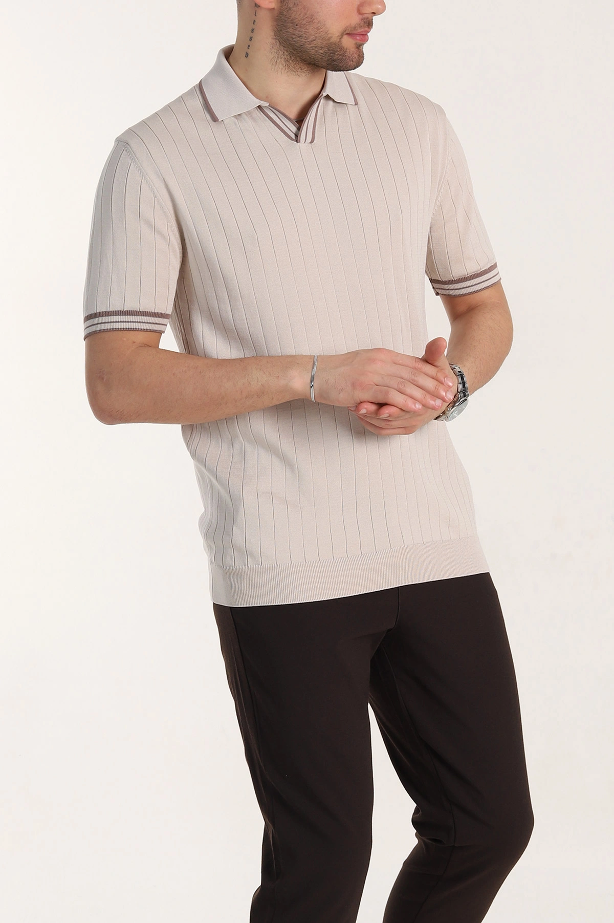 Krem Slim Fit Patlı Polo Yaka Kısa Kollu Erkek Triko Tişört 338581