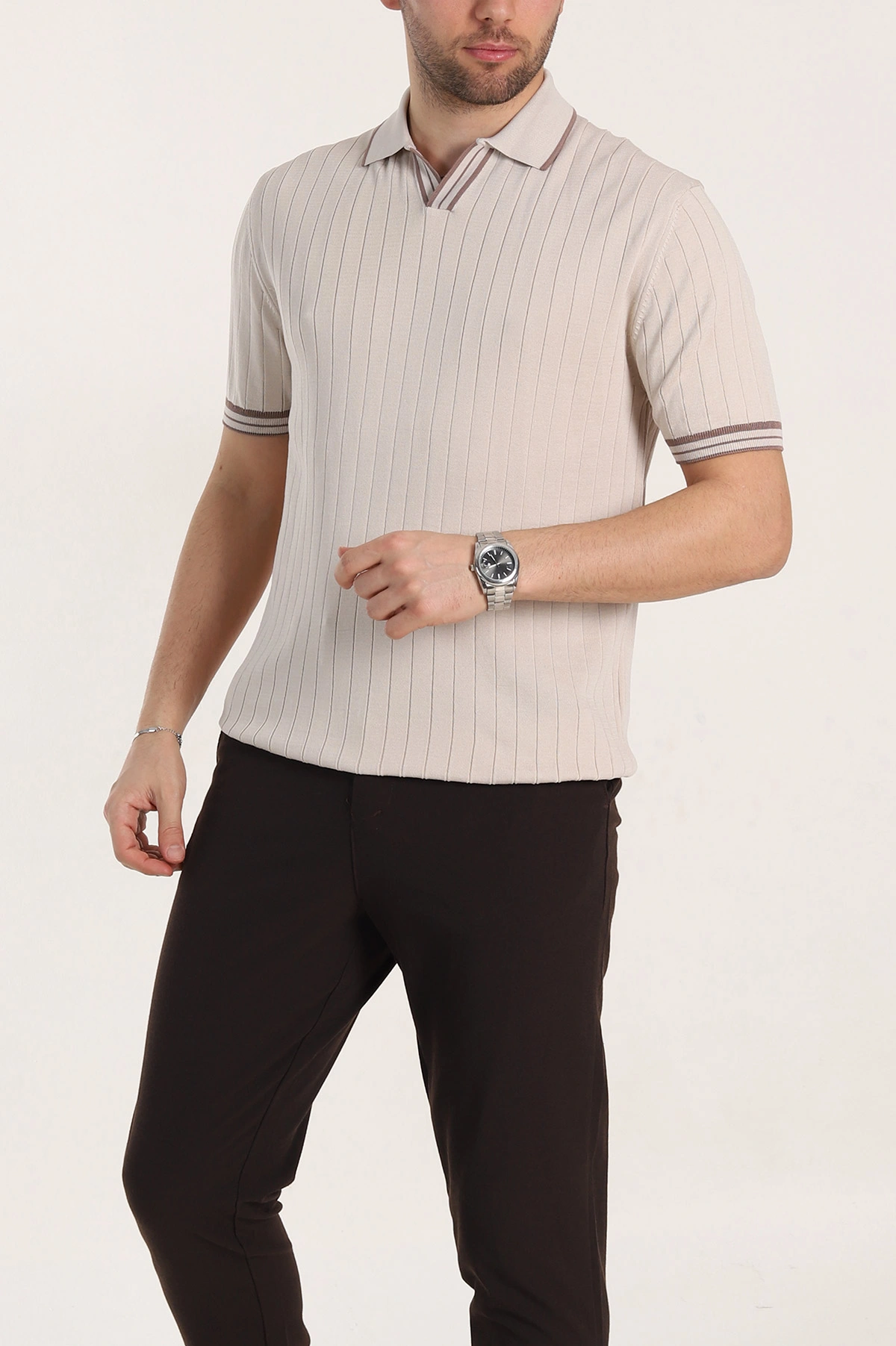 Krem Slim Fit Patlı Polo Yaka Kısa Kollu Erkek Triko Tişört 338581