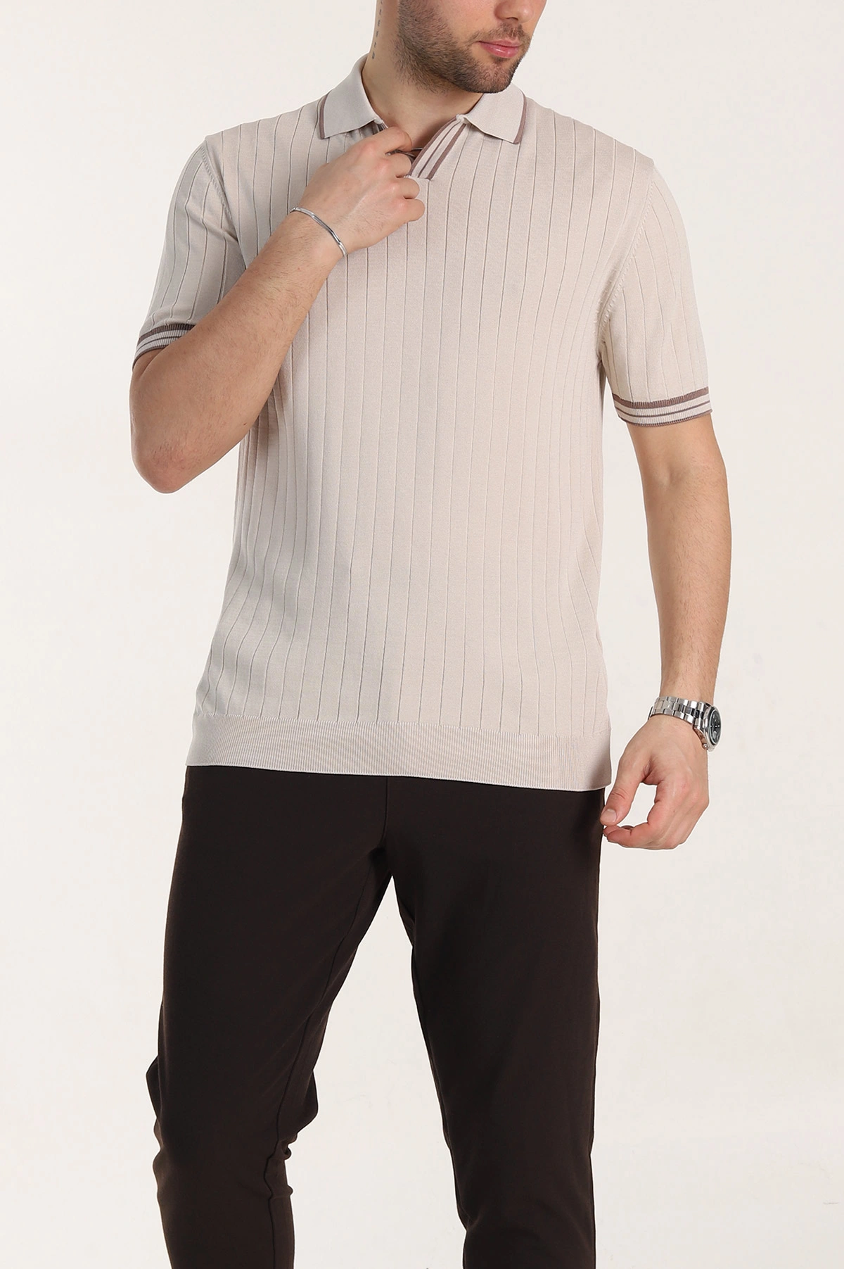 Krem Slim Fit Patlı Polo Yaka Kısa Kollu Erkek Triko Tişört 338581