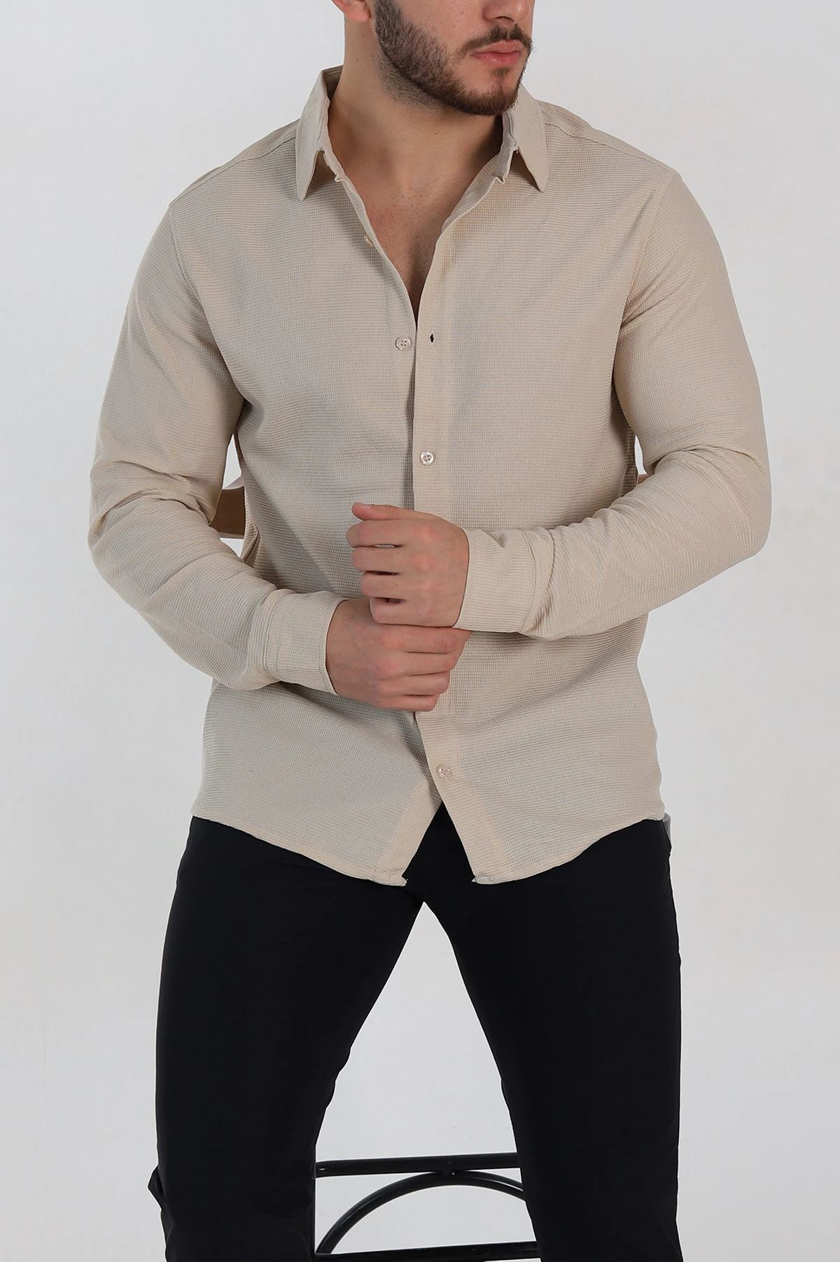 Krem Slim Fit Petek Dokulu Uzun Kollu Erkek Gömlek 325211