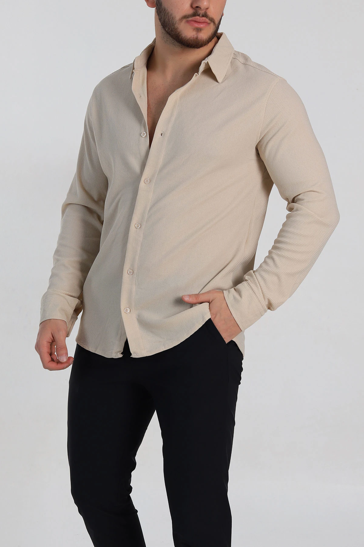 Krem Slim Fit Petek Dokulu Uzun Kollu Erkek Gömlek 325211