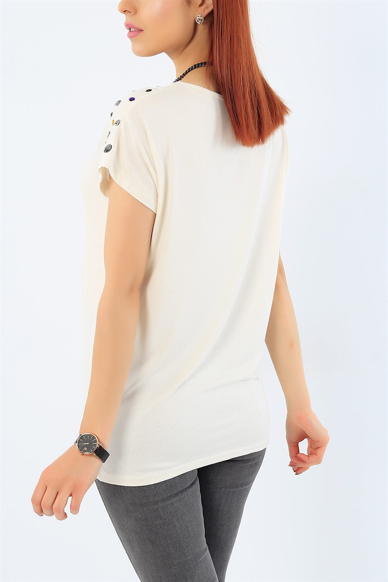 Krem Taş İşlemeli Bluz 31863