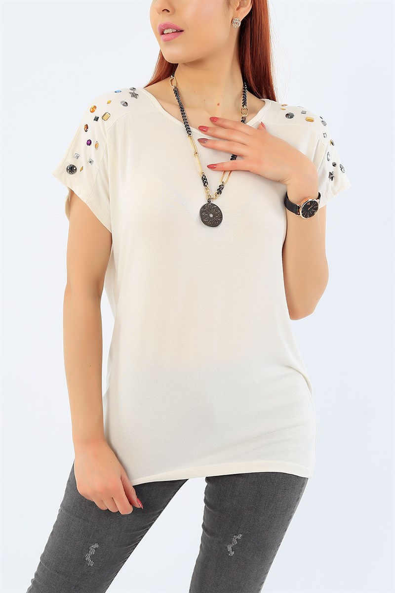 Krem Taş İşlemeli Bluz 31863