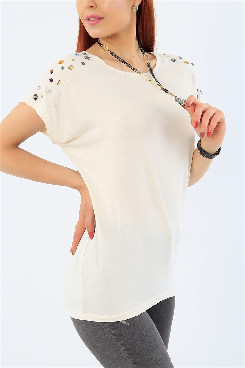Krem Taş İşlemeli Bluz 31863