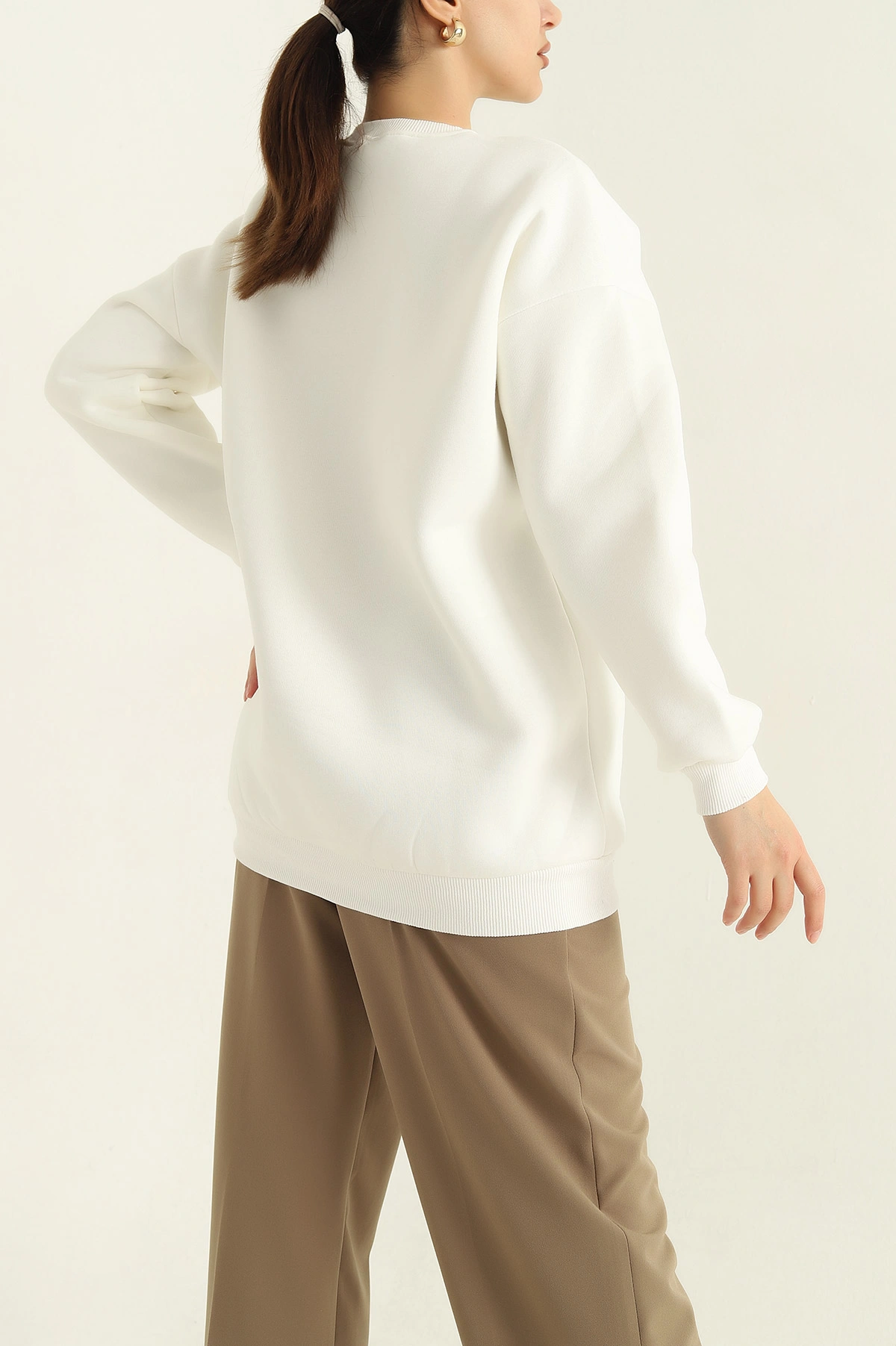 Krem Taş İşlemeli Şardonlu Üç İp Sweat 328992