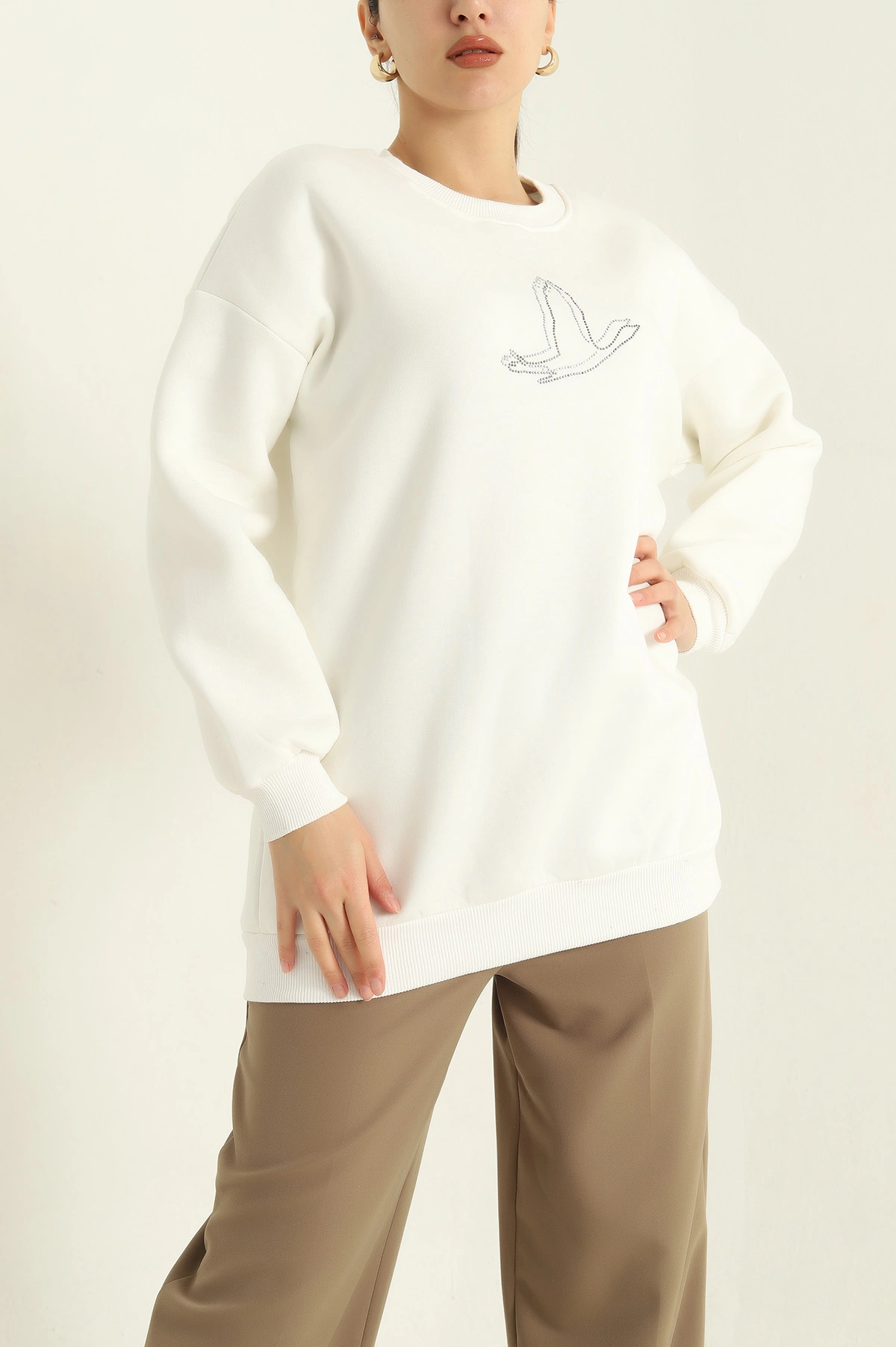 Krem Taş İşlemeli Şardonlu Üç İp Sweat 328992