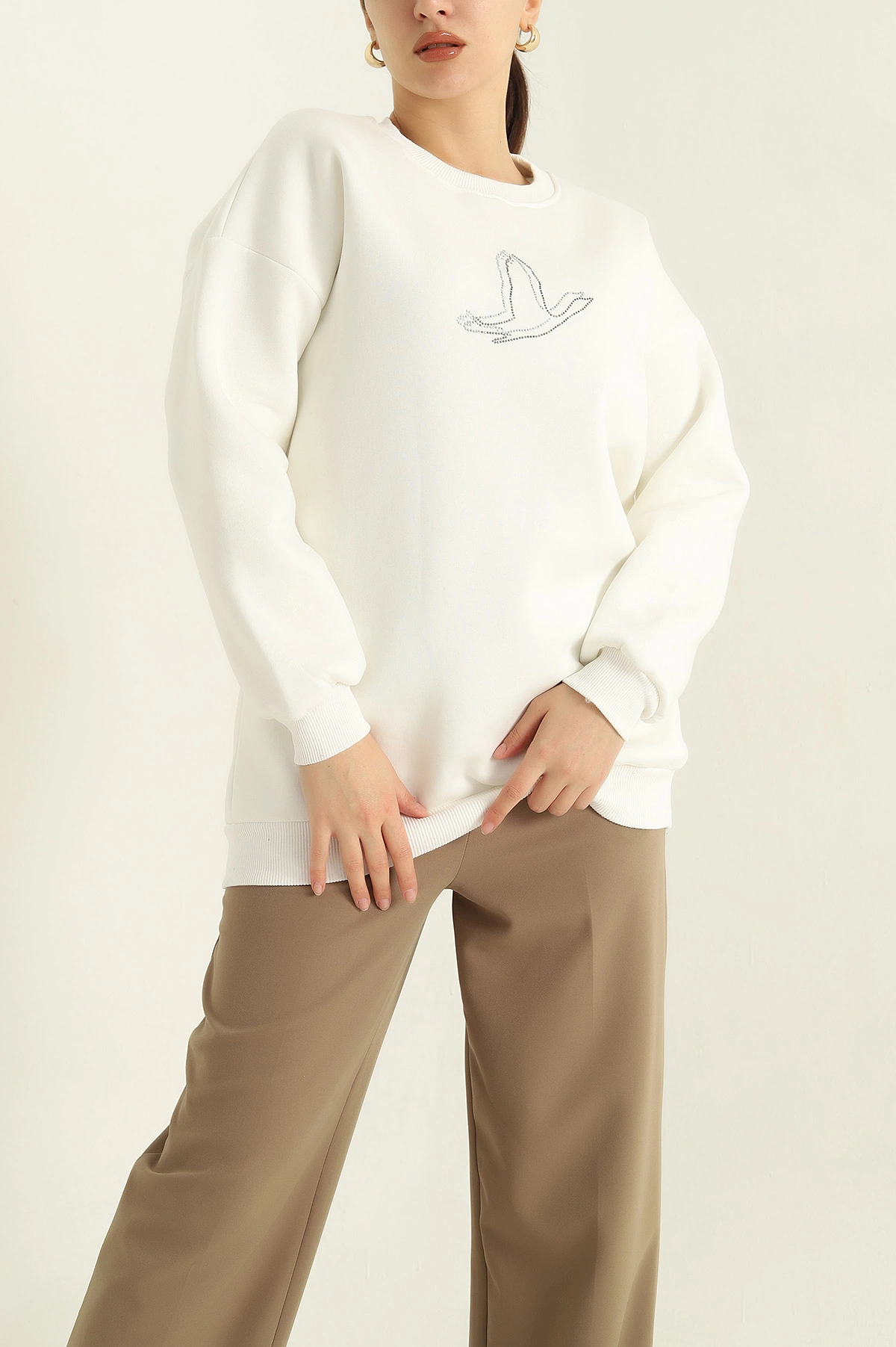 Krem Taş İşlemeli Şardonlu Üç İp Sweat 328992